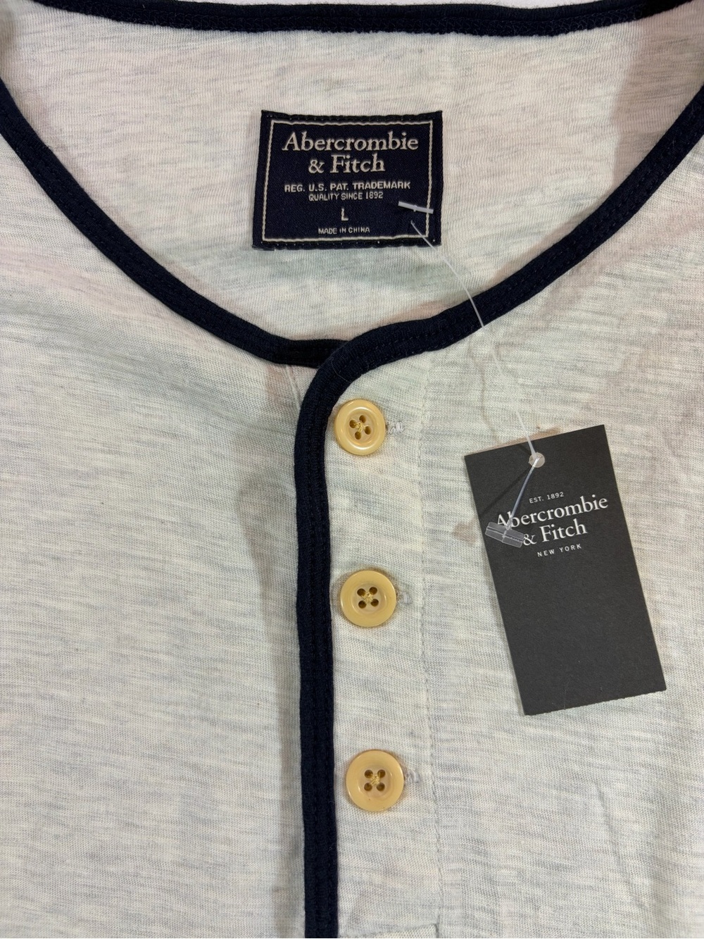 Abercrombie & Fitch Cream Long-Sleeve Henley with Navy Trim